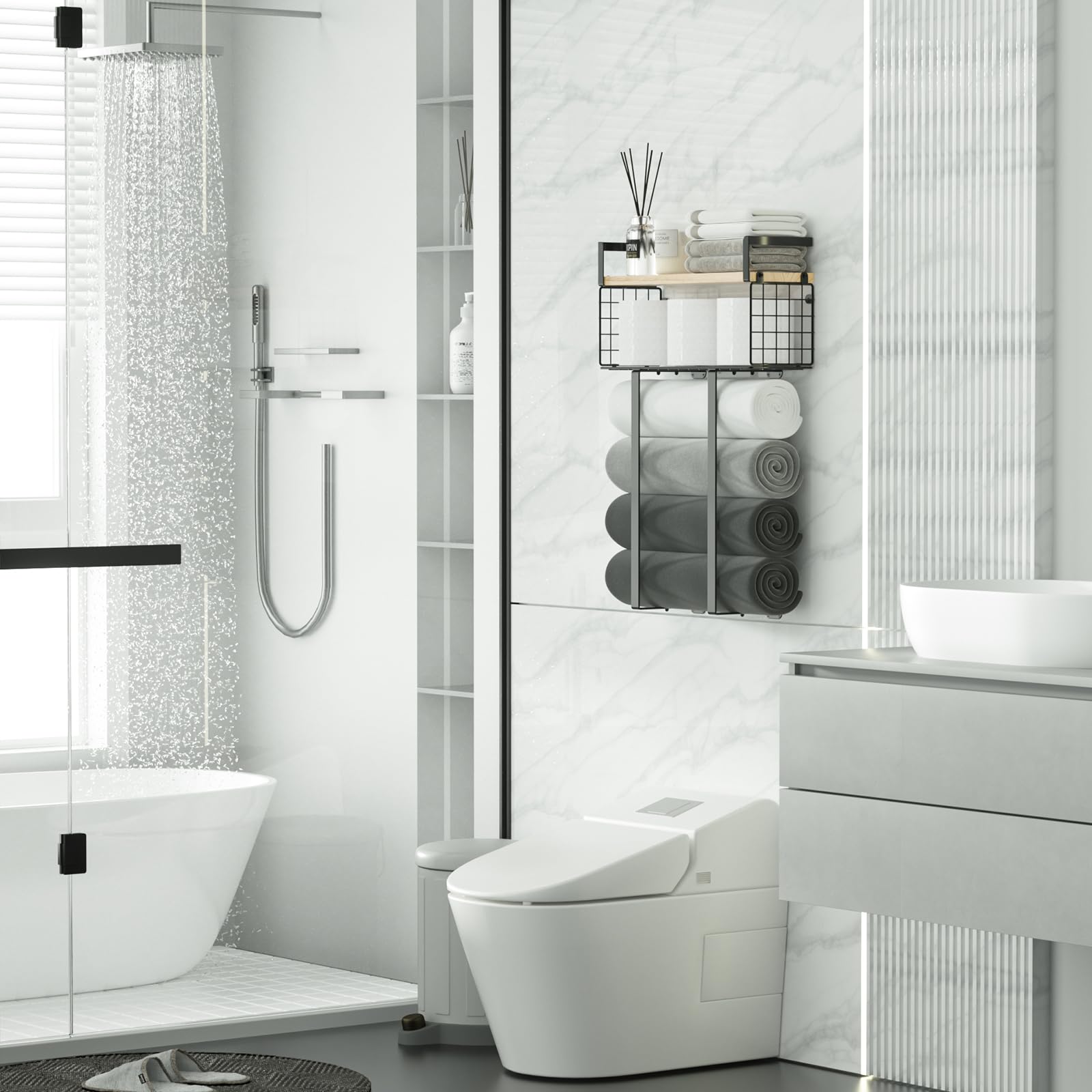 Towel Racks For Bathroom, Metal Towel Holder With Storage Basket,Wall Towel Rack For Rolled Towels, Towel Storage For Small Bath